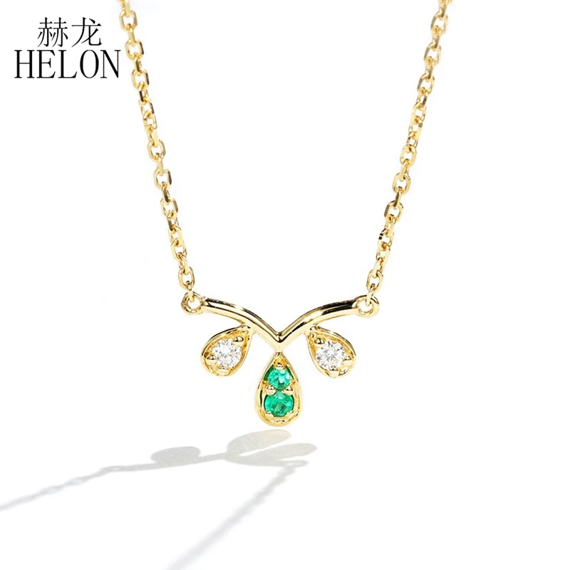 

HELON Solid 18K Yellow Gold AU750 Round Genuine Natural Emerald Diamonds Engagement Wedding Pendant Necklaces Women Fine Jewelry