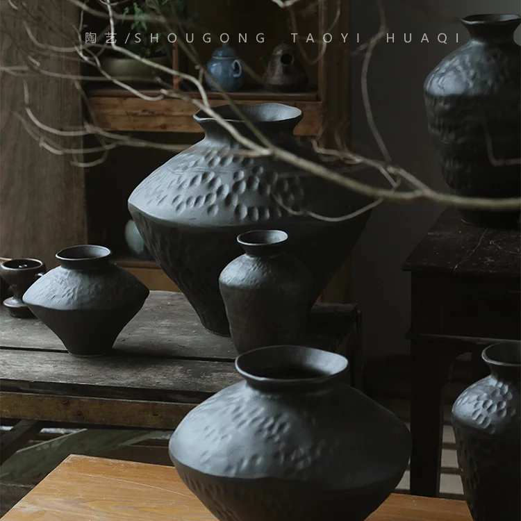 Black coarse clay pot new Chinese retro Zen ceramic vase decoration wabi-Sabi Homestay Teahouse Hotel decoration 4