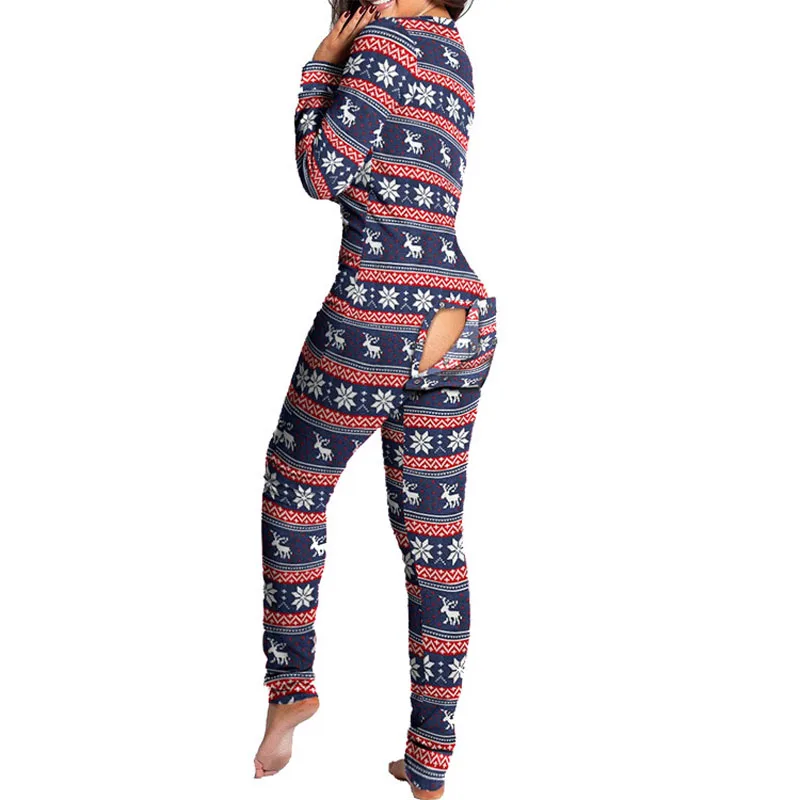 Women's Sexy Pyjama Jumpsuit Button-down Front Back Butt Bum Open Ass Flap Loungewear Christmas Print Buttoned