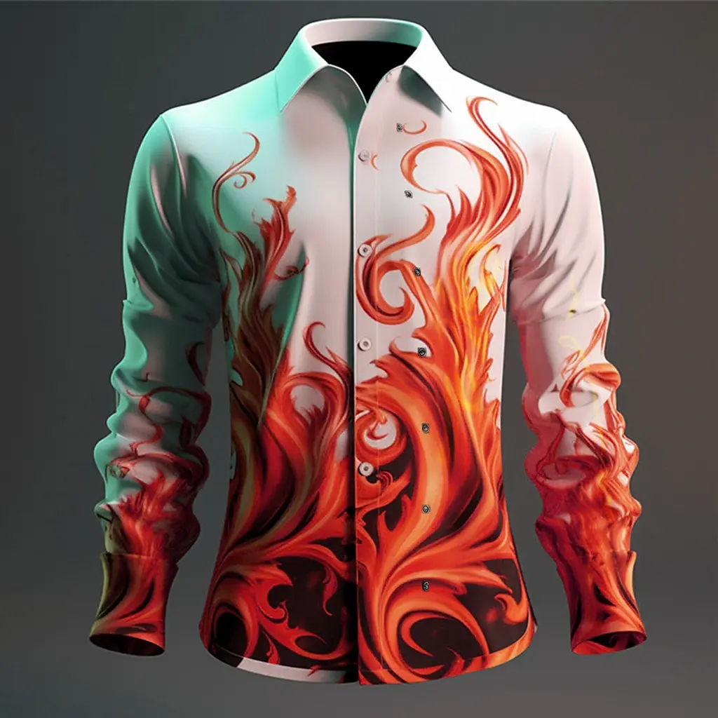 2024 New Men's Long Sleeve Shirt Fashion Flame Print Men's Lapel Top Large Size Casual Men's Shirt S-6XL Loose