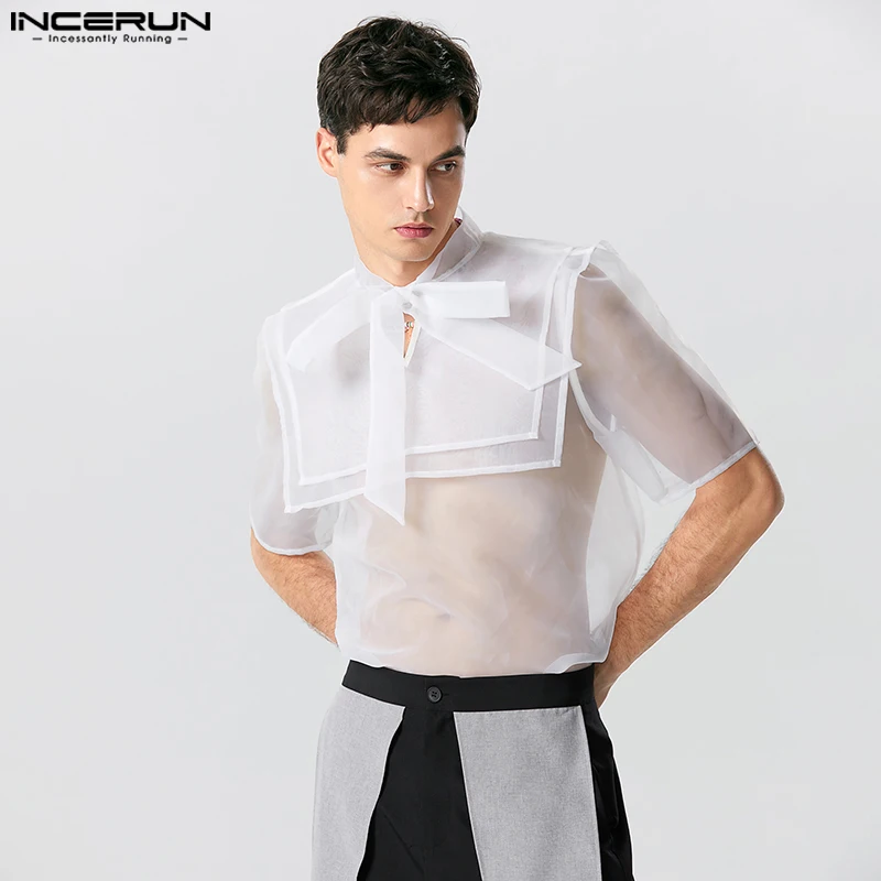 

2023 Men Shirt Mesh Transparent Stand Collar Lace Up Short Sleeve Streetwear Men Clothing Loose Sexy Party Unisex Shirt INCERUN