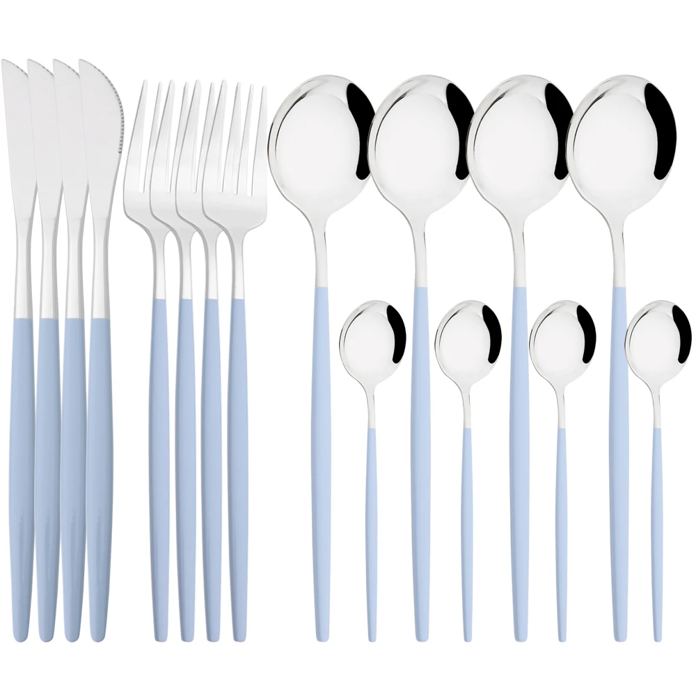 

16Pcs Grey Blue Silver Dinnerware Kitchen Silverware Stainless Steel Tableware Set Spoon Knife Fork Western Cutlery Flatware Set