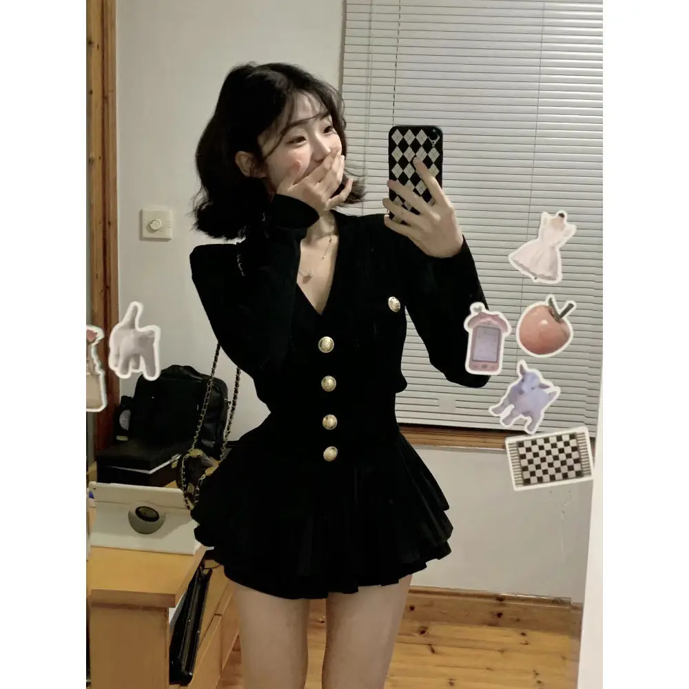 Autumn Korean Fashion Knitted Two-piece Skirt Set Women Casual Single Breasted V-neck Sweater Mini Ruffles Skirt Y2K New Outfits