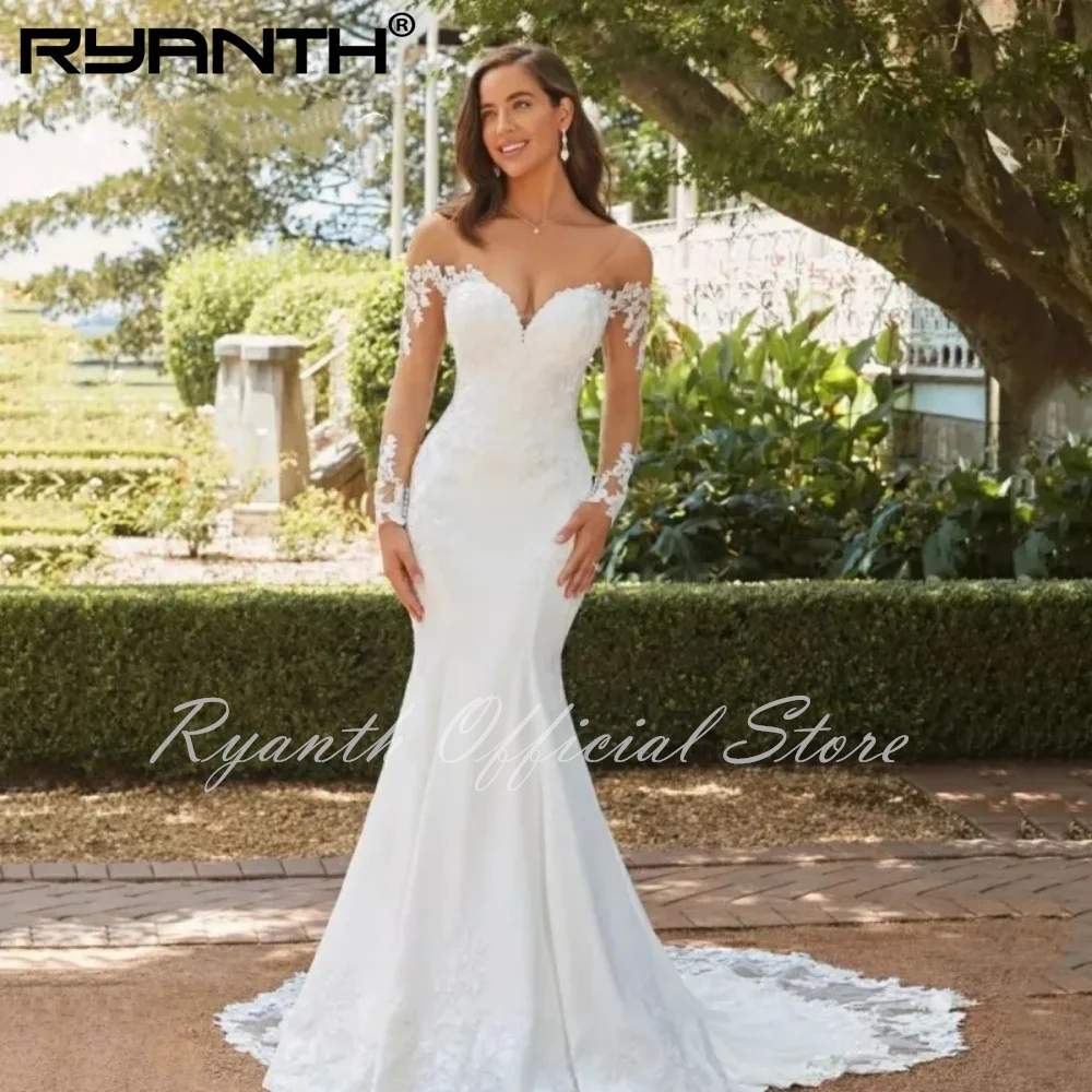 

Ryanth Luxury Mermaid Wedding Dress Women White Lace Open Back Long Sleeve Sweetheart Bridal Gowns Sweep Train Vestido De Novia