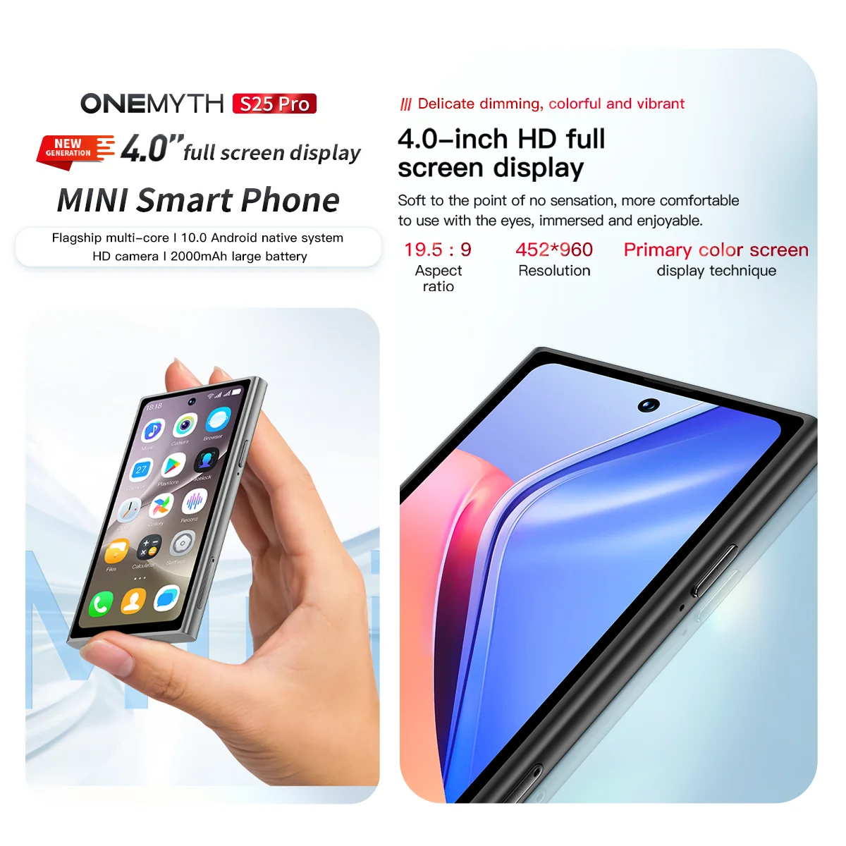 ONEMYTH S25 Pro Mini Smartphone 3G Network Dual SIM Play Store 4.0 Inch HD Display 2000mAh 2GB+16GB Add 64GB TF Card Android 8.1 3