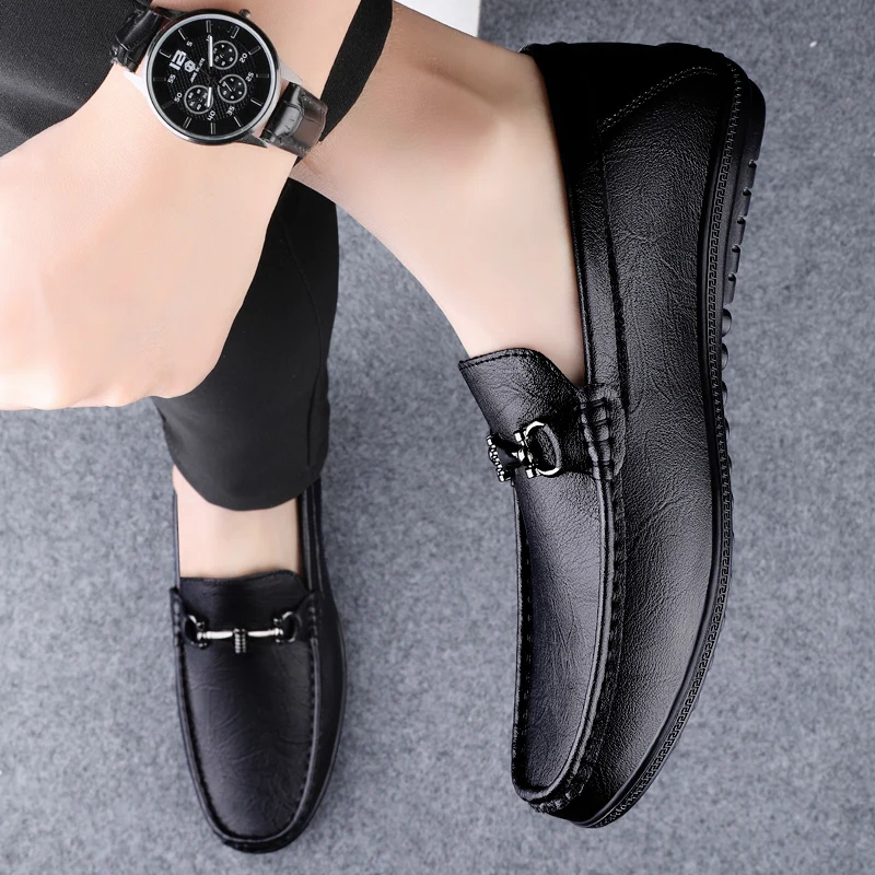 Genuine Leather Metal Buckle Loafers Men's Flat Driving Shoes Simple Business Leather Shoes Comfortable Soft Soled Walking Shoes 5