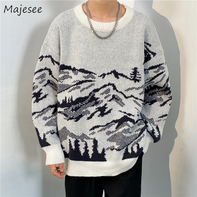 

Autumn Winter Printed Pullovers Men Harajuku Fashion Handsome Retro Baggy Knitwear Lazy Streetwear BF All-match Pullover Sweater