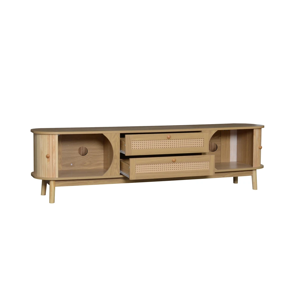 TV-Schrank, TV-Schrank aus Naturholzmischung mit Türen und Schubladen, TV-Ständer mit Rattan-Seiten. Lagerlösung Natur – Detail 15
