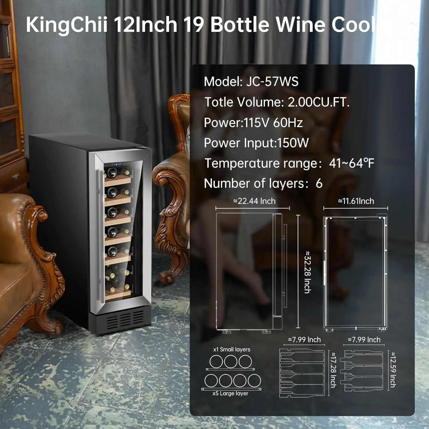 12 Inch 19 Bottle Wine Cooler Refrigerator Professional Compressor, Stainless Steel & Tempered Glass For Red Wine
