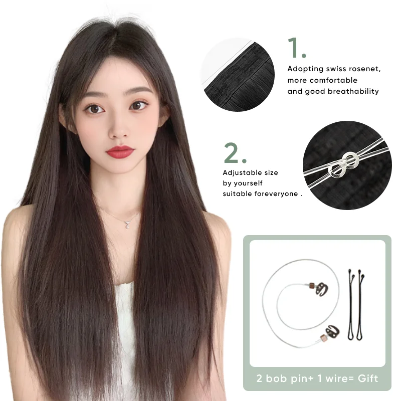 Premium Heat Resistant Synthetic Invisible Wire Hair Extensions No Clips Hairpieces Long Natural Straight Fake Hair For Woman
