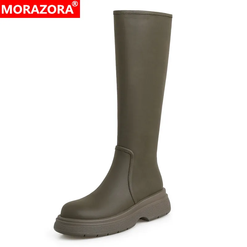 

MORAZORA 2023 New Genuine Leather Winter Women Boots Ladies Zipper Knee High Boots Square Med Heels Platform Shoes