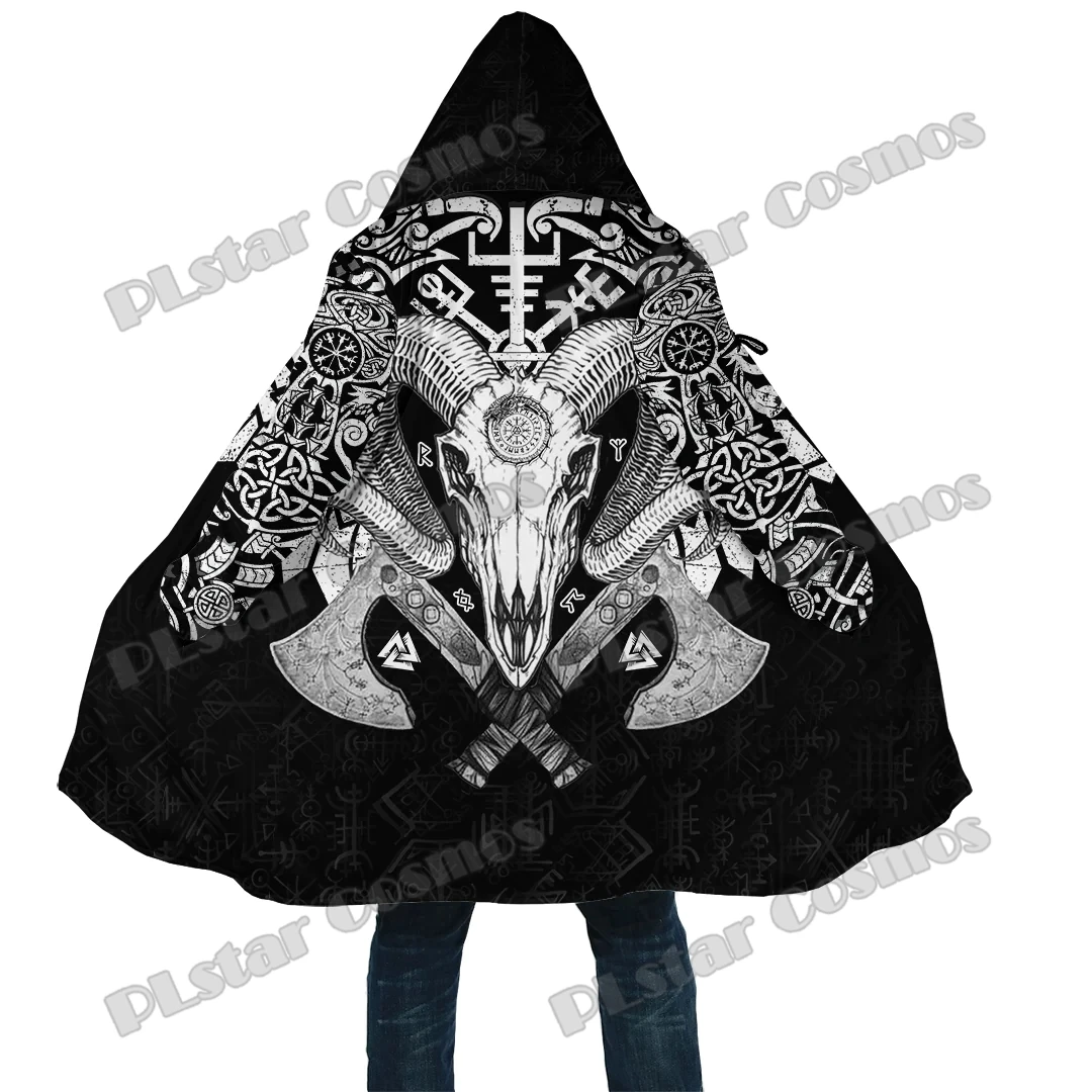 Ram Skull Tattoo With Vegvisir and Valknut 3D Printed Mens Fleece Hooded Cloak Winter Unisex Casual Thick Warm Cloak Coats PF140