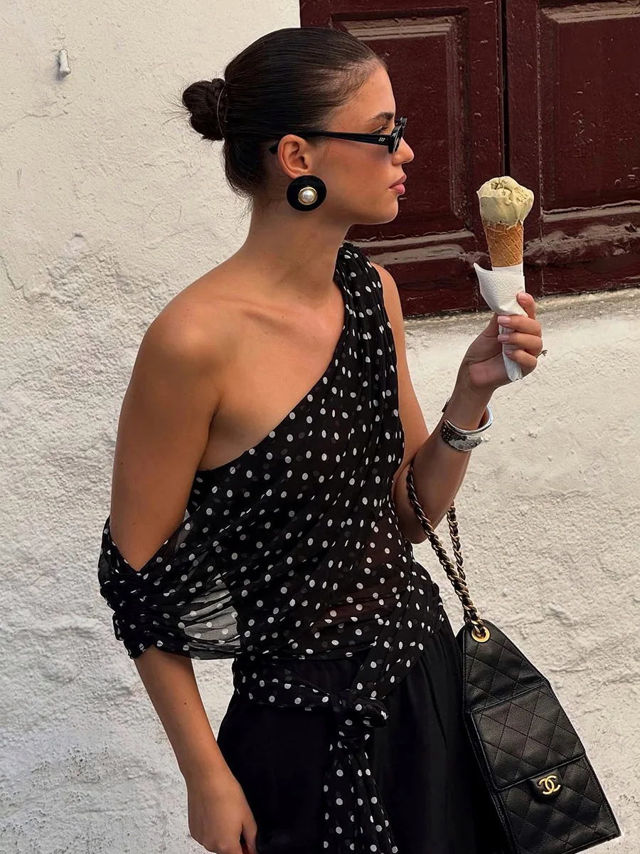 Bornladies Women's 2026 Summer New Polka Dot One-Shoulder Top Sexy Single-Shoulder Camisole Sheer Chiffon Polka Dot Blouse