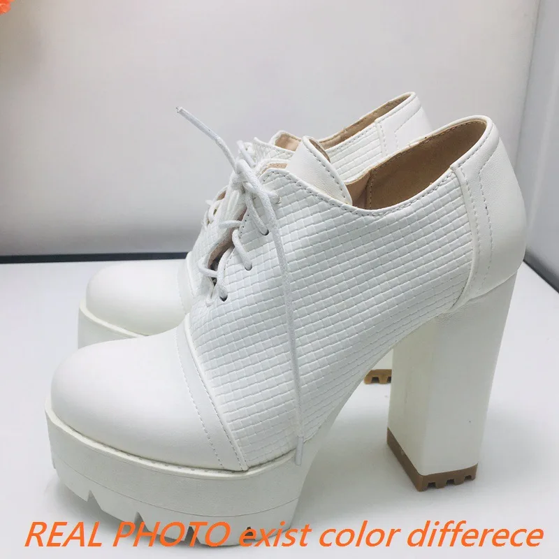 SIMLOVEYO Female Pumps Round Toe Block High Heels 11cm Platform Hill Lace Up Mixed Color Sexy Women Party Shoes Big Size 42 43