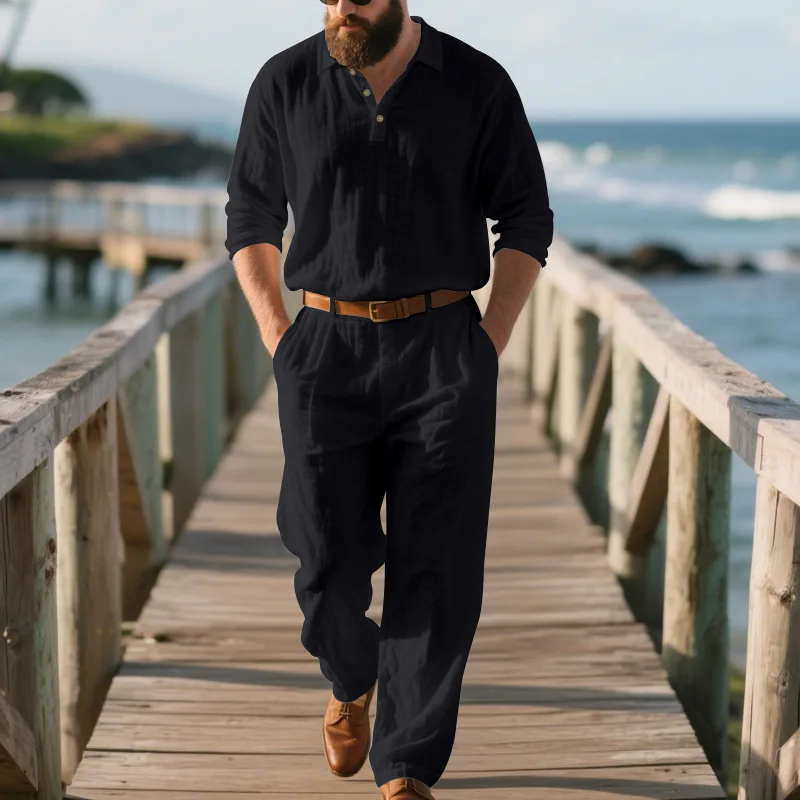 Sommer Herren Leinen 2-Teiliges Set Langarm Poloshirt Hose Einfarbig Lässig Atmungsaktiv Leicht Pendler-Outfit – Detail 14