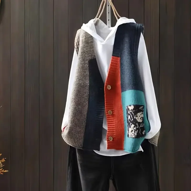 

Spring Autumn Women's V-neck Button Printing Patchwork Loose Cardigan Fashion Casual Elegant Commuter Sleeveless Vest Tops Z284