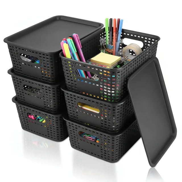 Plastic Storage Baskets with Lids, 6 Pack Black Lattice Organizer Bins, Stackable Storage Containers for Home, Office & Classroom Organization 1