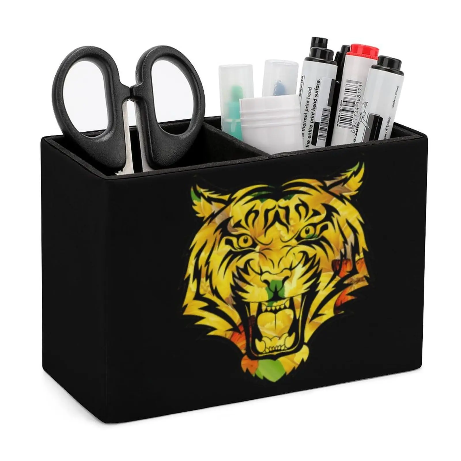 

Tiger Pattern Pencil Pen Holder PU Leather Stationery Organizer Makeup Brush Holder for Desk Home Office Give Chil Study Gift