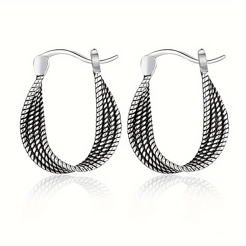 Silver Color Fried Dough Twists Hoop Earrings for Women Vintage Unique Design Earring Girls Daily Party Jewelry