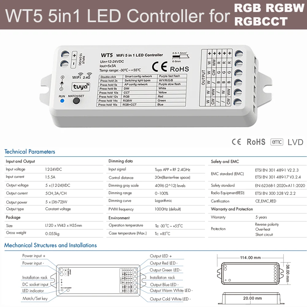 Enhanced Smart LED Controller with Touch Panel Remote - 5-in-1 WiFi & RF Technology