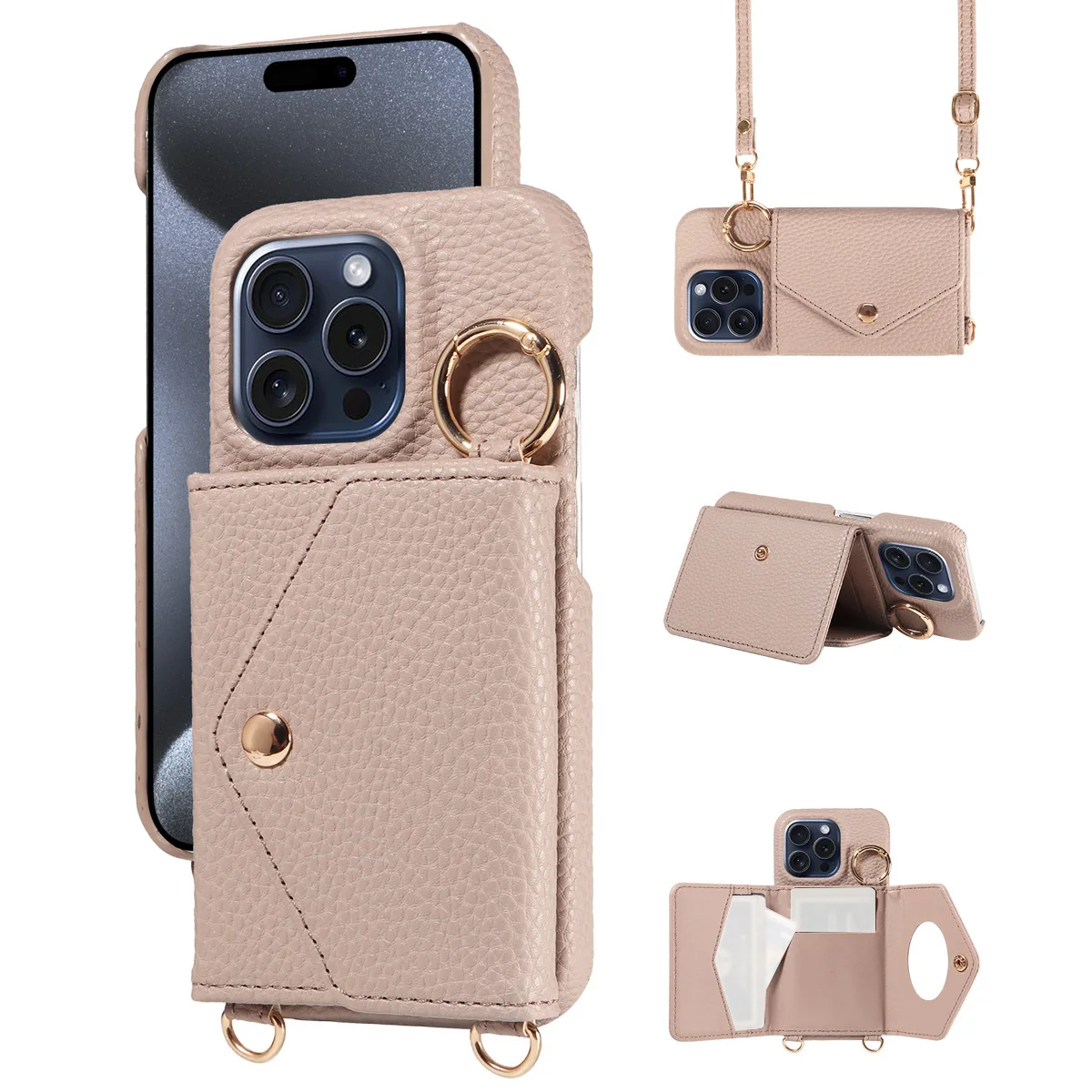 Elegant Leather Phone Case with Anti-Drop Protection, Long Lanyard, and Built-In Mirror