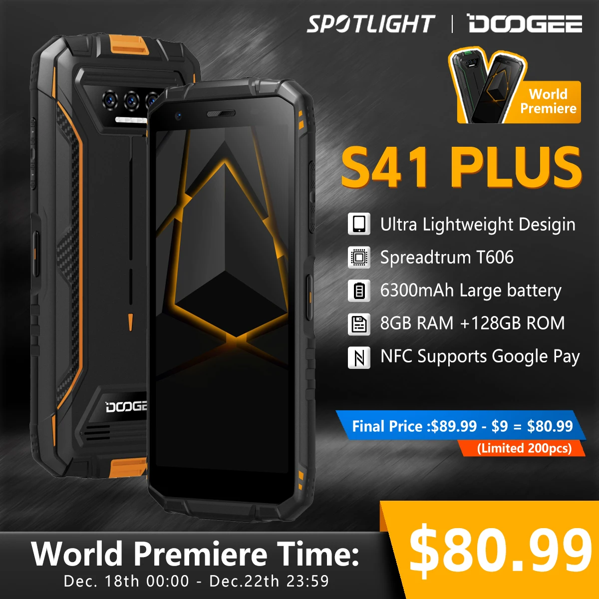 [Prima Mondiale] Doogee S41 Plus Rugged Phone 5.5 "Display Ips 4Gb + 128Gb 6300Mah Batteria 13Mp Ai Camera Nfc Android 13