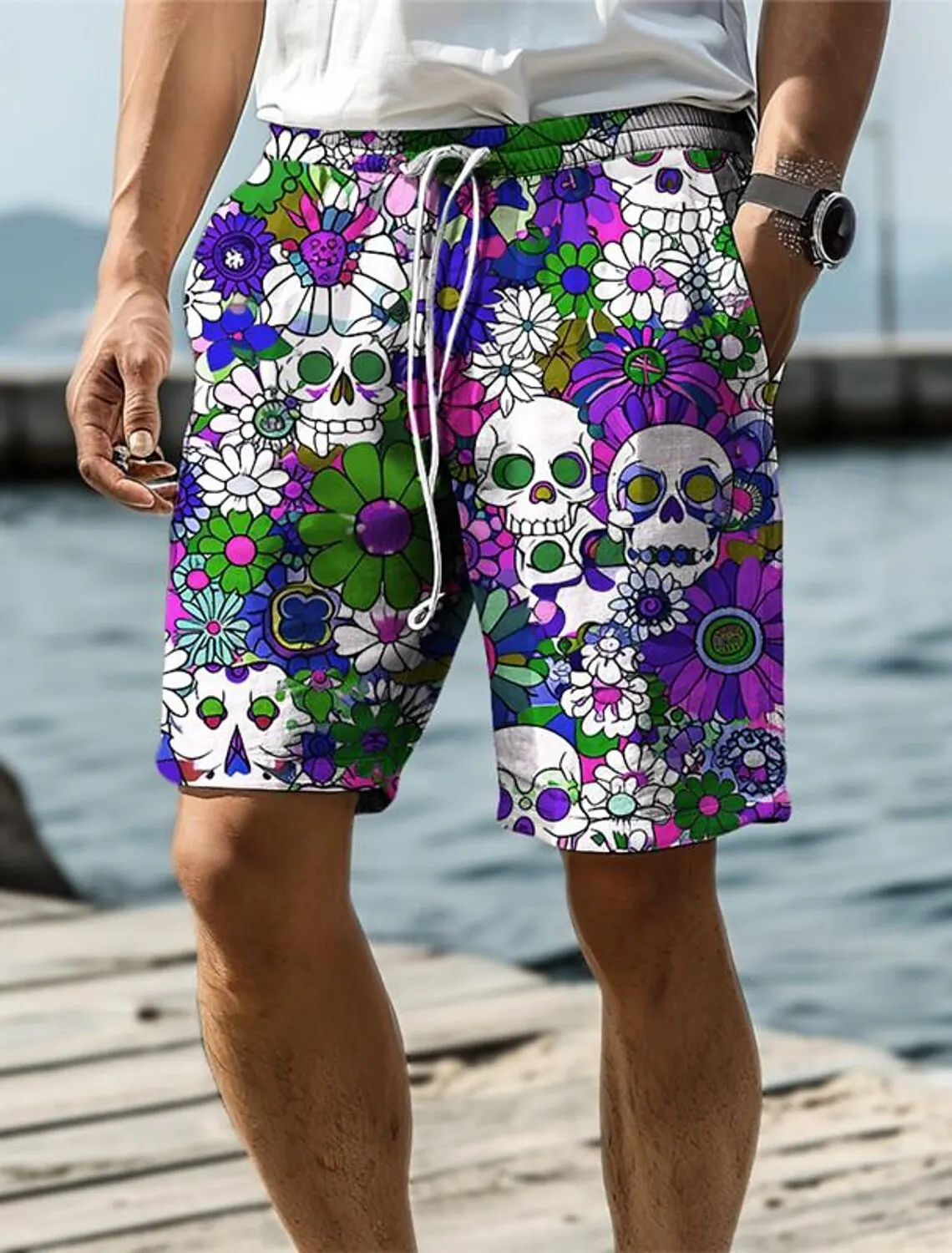thumbnail image 1 of Bañador con estampado 3D de calavera y flores para hombre, estilo hawaiano, con cintura elástica y cordón, para vacaciones y playa, 2024, 1 of 4