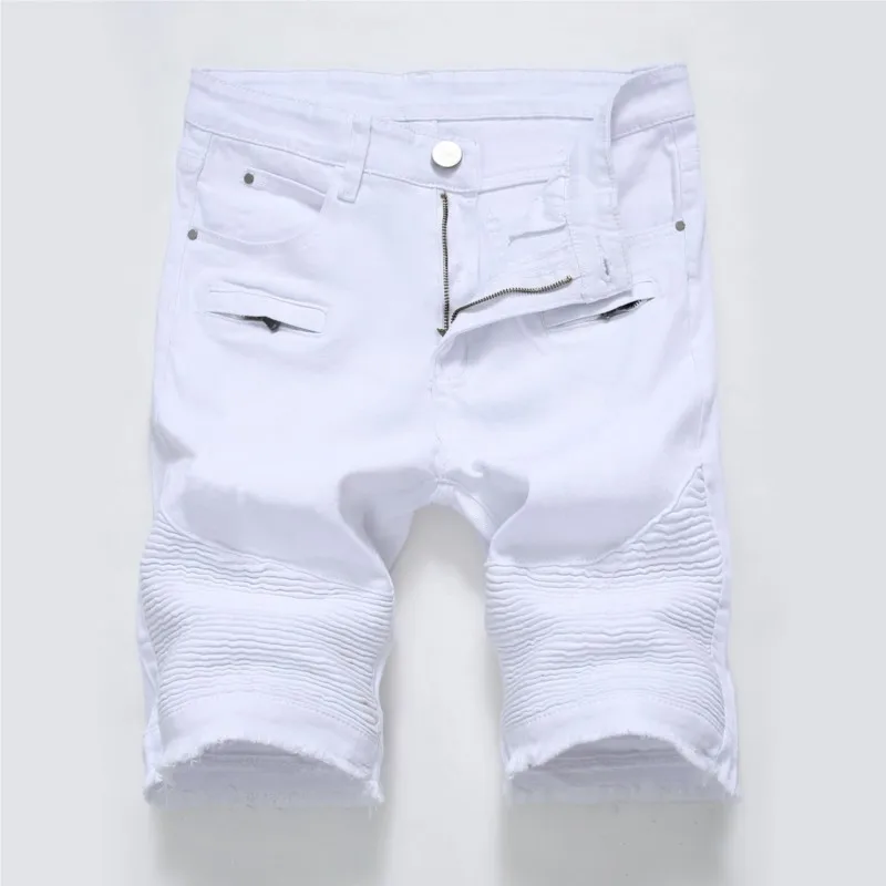 Mens Denim Shorts Zipper Elastic Pleated Slim Ripped Short Jeans