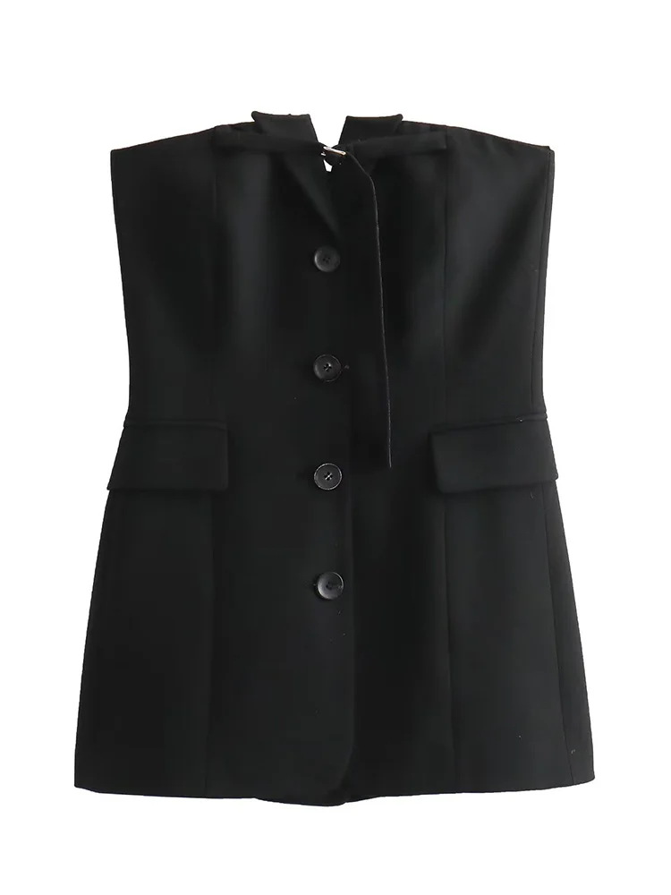 

Топы женские 2023, модная уличная одежда, пояс с завязками, прямой вырез, топ на пуговицах спереди, карманы с клапанами, топ без рукавов с открытой спиной