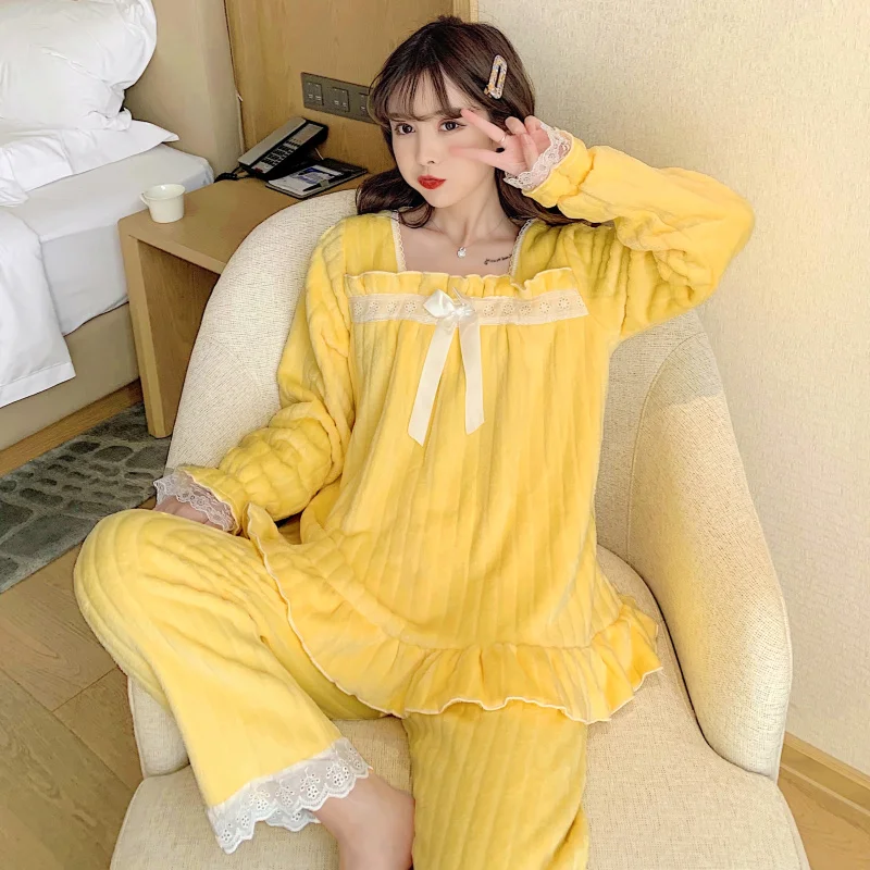 New Sleepwear for Women in Autumn and Winter: Warm, Simple, Sweet, Comfortable Home Fur, Thickened, Velvet, and Coral Plush Set