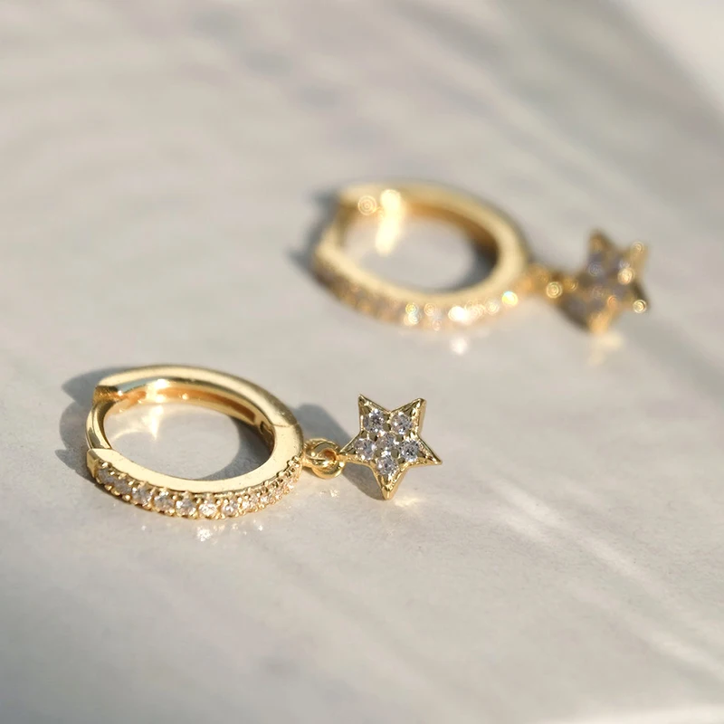 925 Sterling Silver Needle Fashion Shiny Zircon Star Dangle