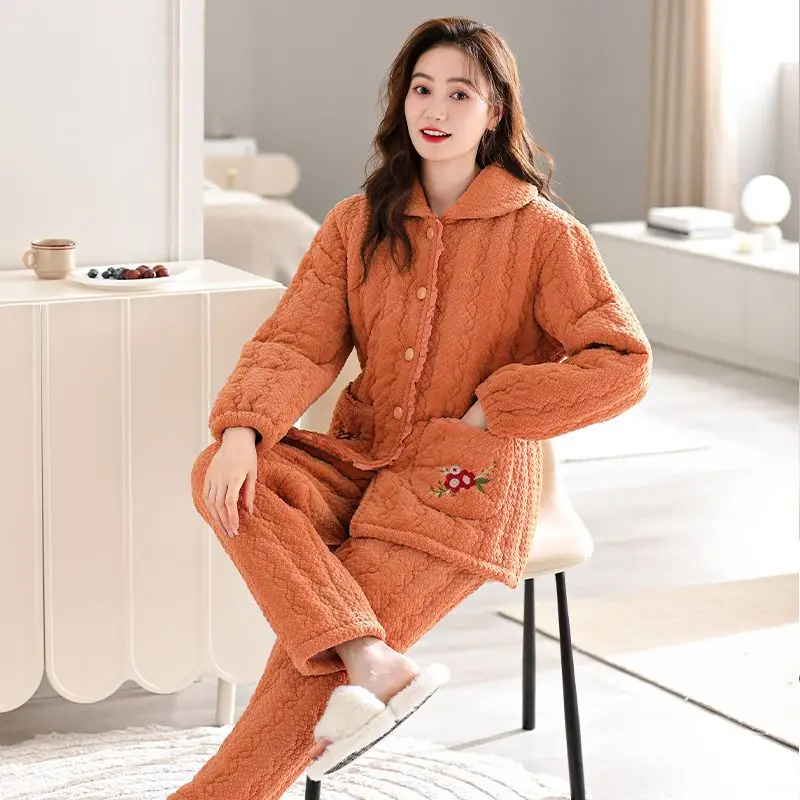 2024 Coral Velvet Three-layer Sandwich Cotton Pajamas Women's Winter Thickened Loungewear Warm Double-sided Velvet Homewear Set