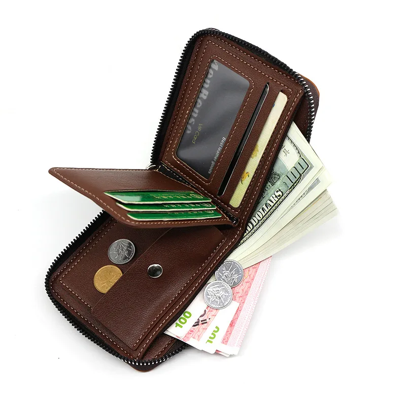 Men's Short Zipper Wallet Fashion Casual PU Leather Card Holder With Coin Pocket