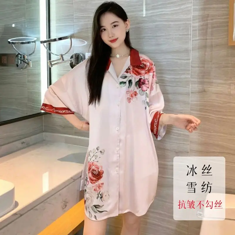 Sexy nightgown women summer ice silk cool silky loose cardigan shirt women nightdress can be worn outside summer dress