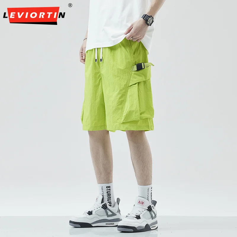 American orange casual shorts, men's trendy loose nylon five point paratrooper beach, summer thin ice silk oversized shorts