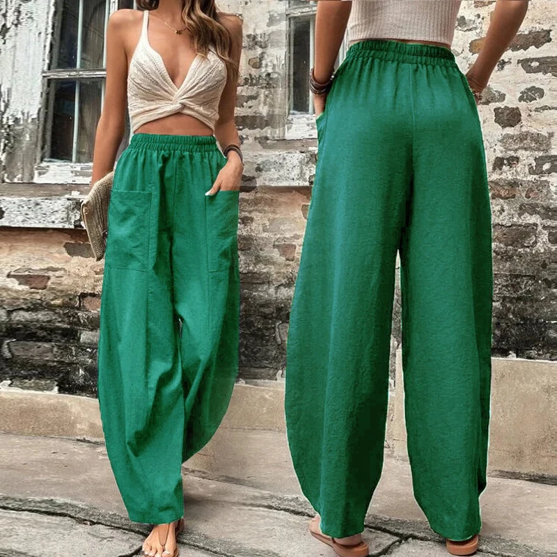 Fashion Women's Pants Summer Cool Ice Silk Solid Color Casual Loose Pocket Elastic Trousers European Street Trend Lantern Pant