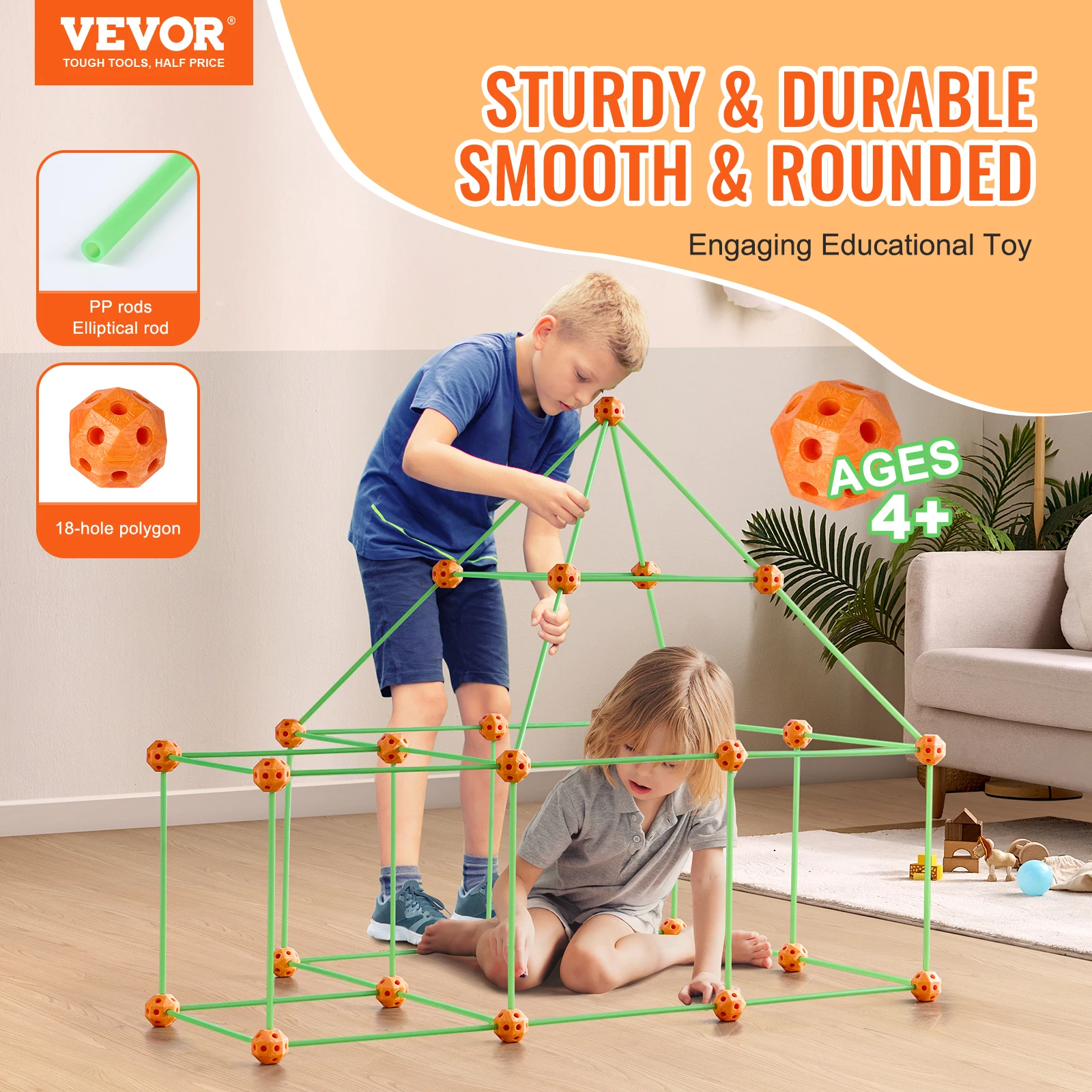VEVOR Fort Building Kit Construction Castle Tunnels Toys with 55 Rods 30 Balls Indoor Play Tent for Educational Gift Blocks 2