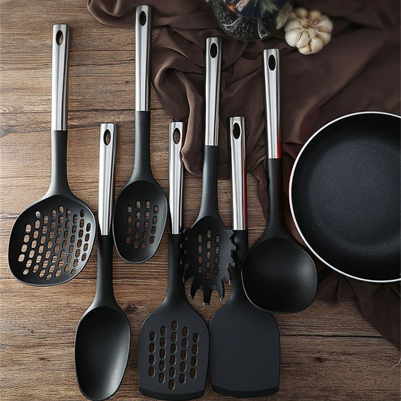 7PC Stainless Steel Handle Nylon Kitchenware Black Anti-Scald Spatula Soup Spoon Colander Dense Spoons Household Cooking Tools