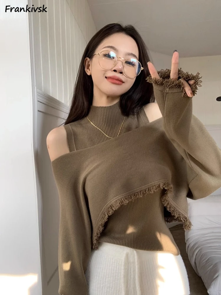 

Solid 2pcs Sets Women Half High Collar Sleeveless Tank Textured Tassel Long Sleeve Sweaters Comfortable Trendy Korean Style New