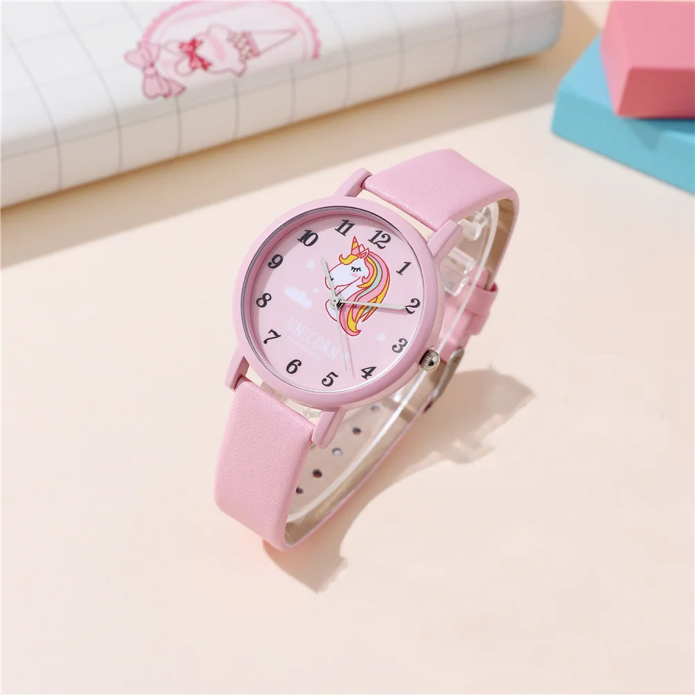 cute pink pu leather band unicorn Children's cartoon watch 4