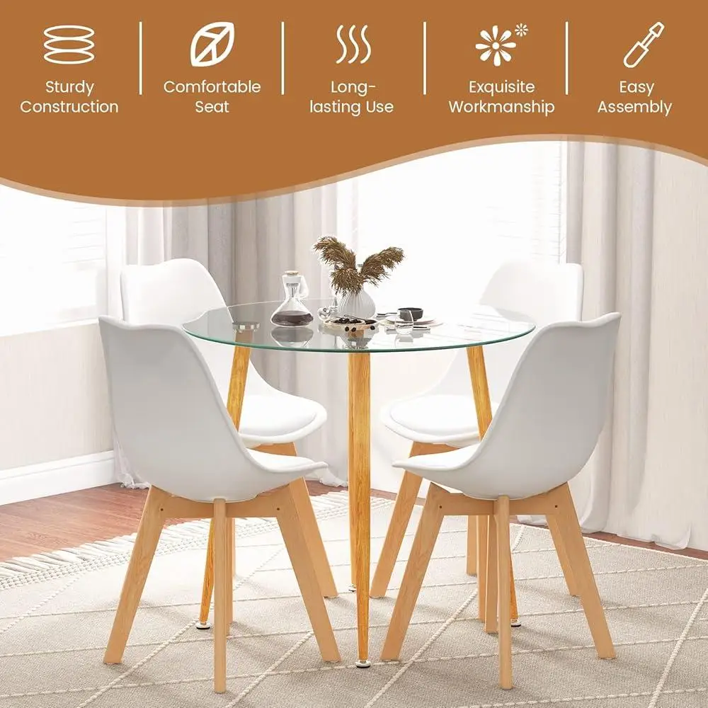 5-Piece Modern Dining Table Set Round Tempered Glass Table 4 High Back Chairs Ergonomic Design Space Saving Easy Assembly Dining 3