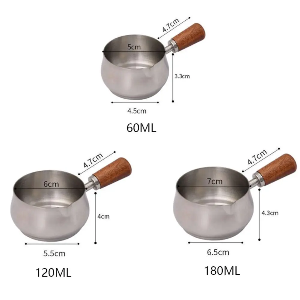 Kitchen Tableware 304 Stainless Steel Sauce Pan 60ml/120ml/180ml Reusable Seasoning Cup Wooden Handle Measuring Spoon Steak