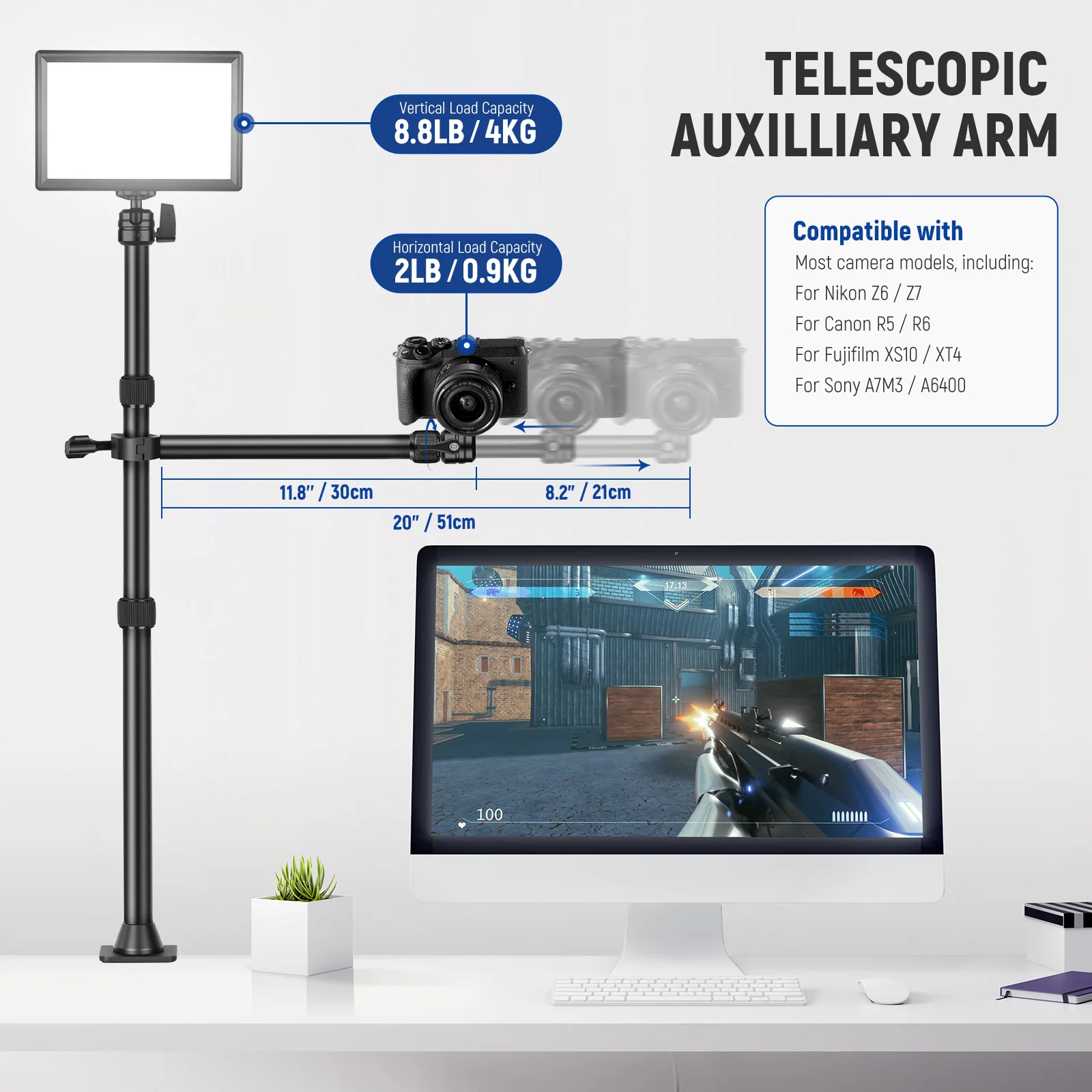 NEEWER Tabletop Overhead Camera Mount Stand with 2 Section Telescopic Extension Arm Phone Holder Ball Heads Screw Adapters
