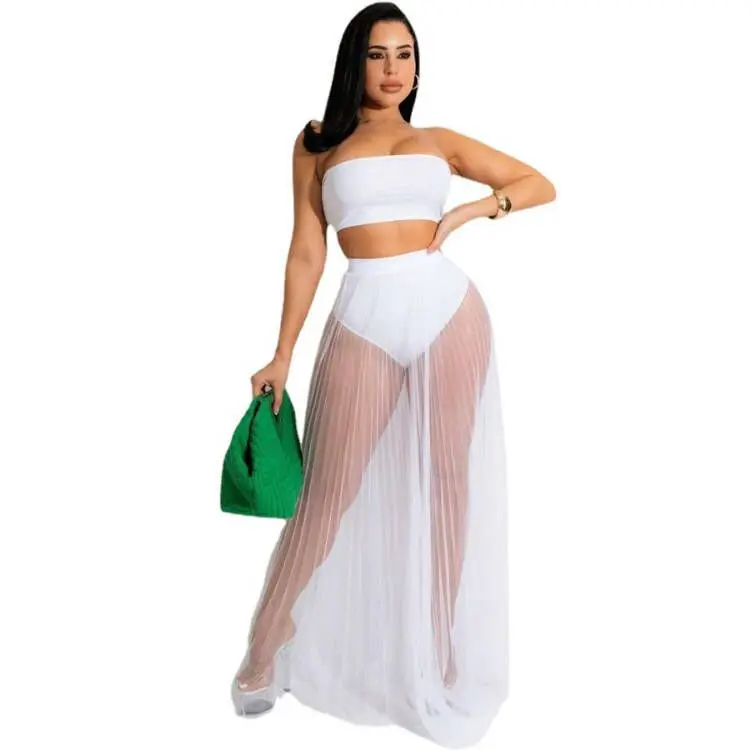2023 Women High Waist Long Skirt Transparent Fashion See Through Elegant Two Piece Suit Summer Mesh Maxi Skirts Crop Tops Set