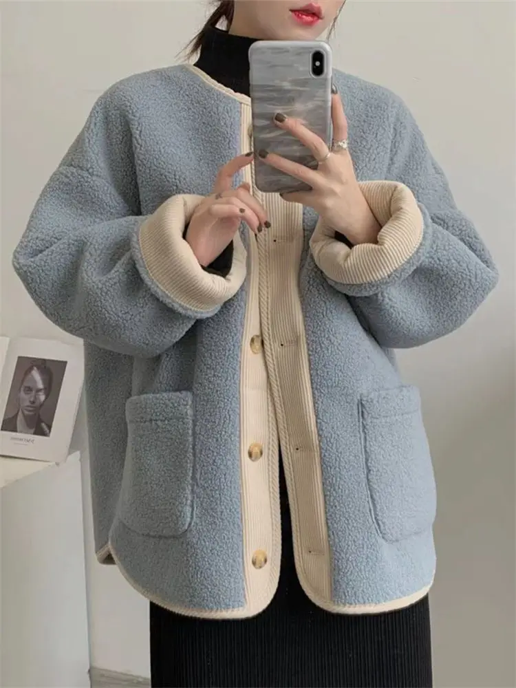 

Winter Women Sherpa Fleece Coat Corduroy Patch Puffa Jacket Faux Teddy Fleece Loose Cardigan