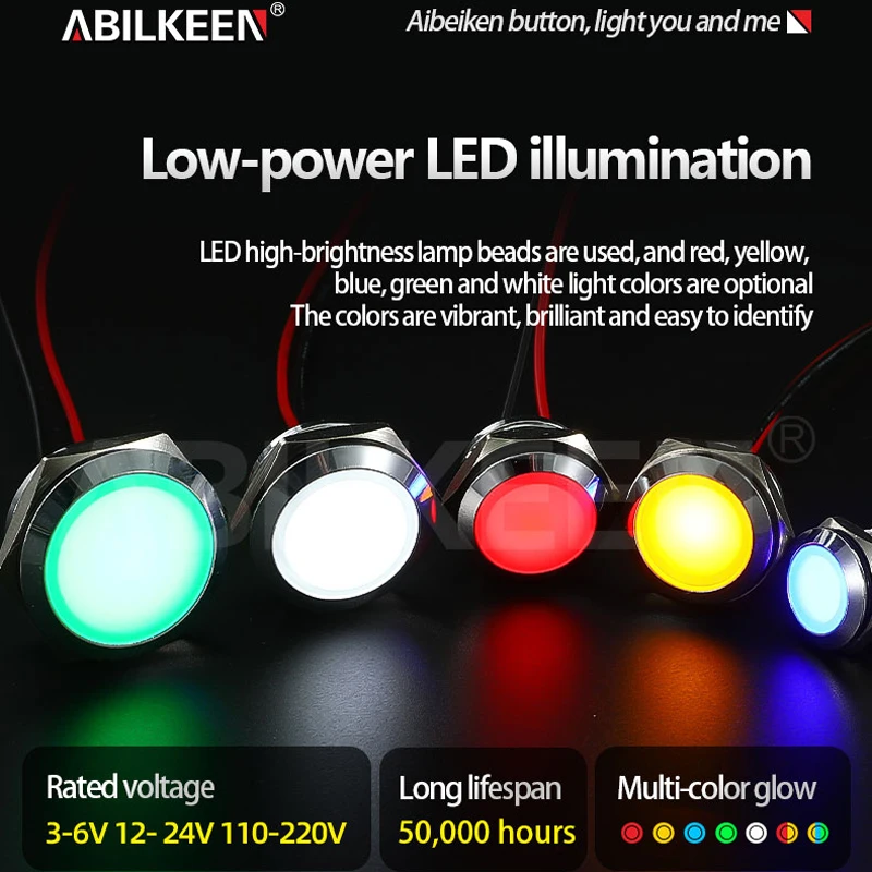 ABILKEEN 16MM Domed Head LED Metal Indicator Light Red/Green/Blue/Yellow/White LED Industrian Signal Pilot Lamp with Wire Cable