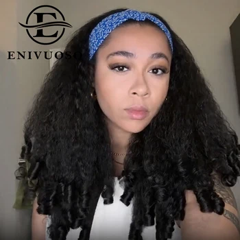 Afro Curly Headband Wigs for Black Women Natural Black Synthetic Braided Hair Texture Kinky Straight Wig with Bouncy Curly End 1
