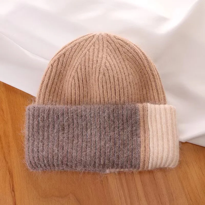 Knitted Beanie Hat For Women Warm Winter Rabbit Fur Patchwork_voghion.com