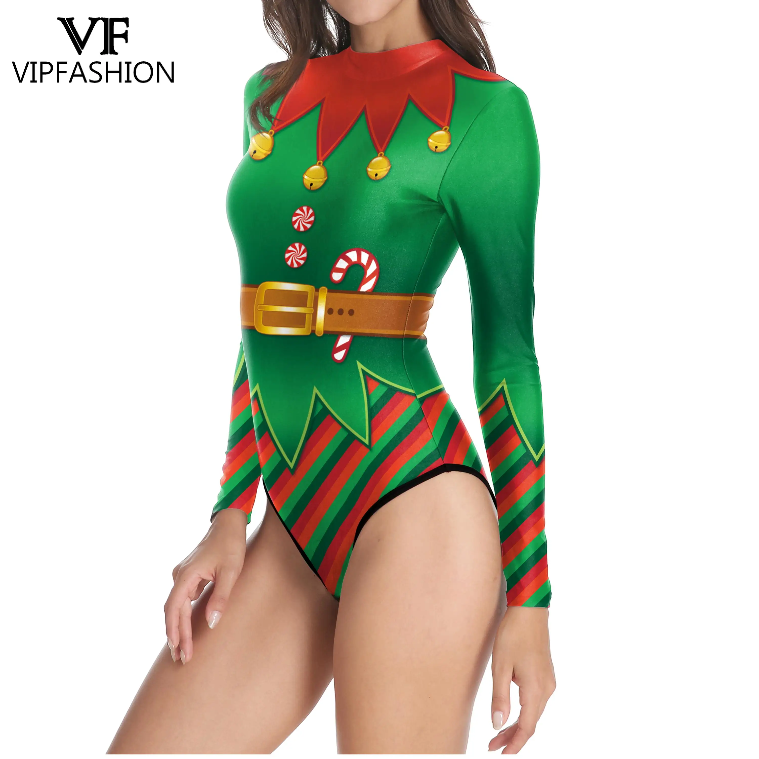 VIP FASHION Christmas Elf Costume Women Santa Claus Bodysuit 3D Print Zentai Suit New Year Sexy Swimsuit Fancy Holiday Dress Up cosplay costume adult unitard