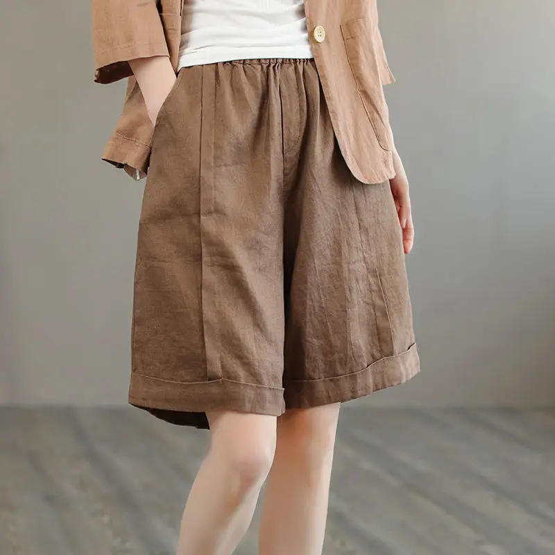 

New Arrival Summer Women All-matched Cotton Linen Patchwork Knee Length Pants Casual Loose Elastic Waist Straight Pants P343